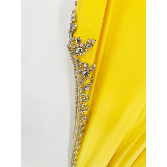 Mac Duggal 42002 Yellow Scoop Neck Beaded Slit Prom Dress Size 4 - Picture 7 of 7